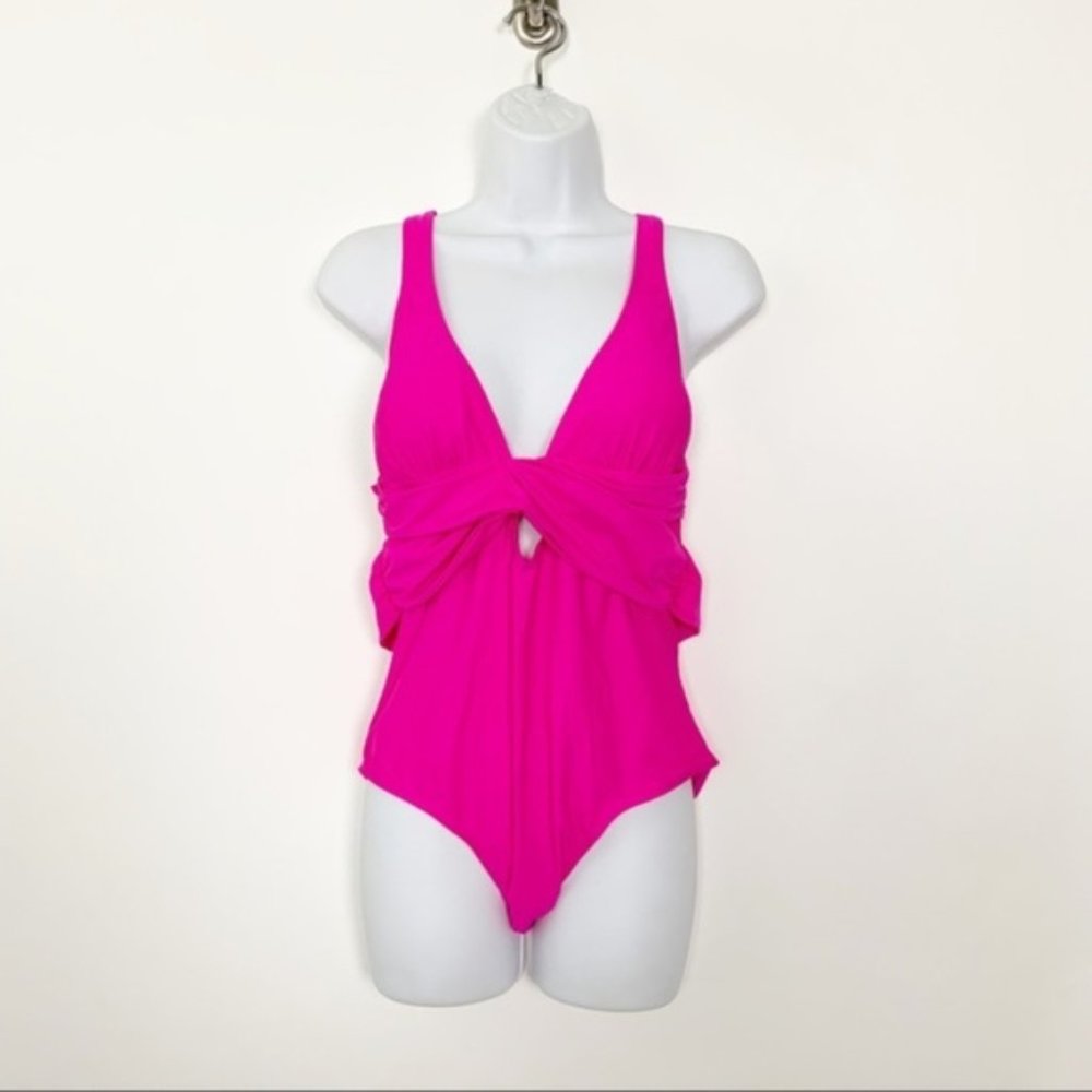 Fuchsia Self Tie Plunge One Piece Swimsuit - Picture 7 of 11